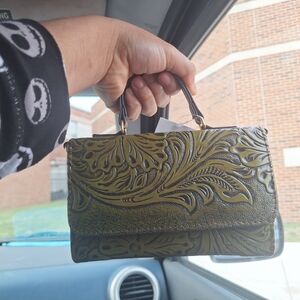 Vintage-Inspired Olive Green Embossed Leather Top-Handle Bag